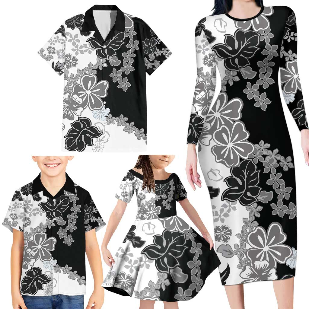 Gray Scale Hibiscus Plumeria Floral Family Matching Long Sleeve Bodycon Dress and Hawaiian Shirt LT01 - Polynesian Pride