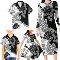 Gray Scale Hibiscus Plumeria Floral Family Matching Long Sleeve Bodycon Dress and Hawaiian Shirt LT01 - Polynesian Pride