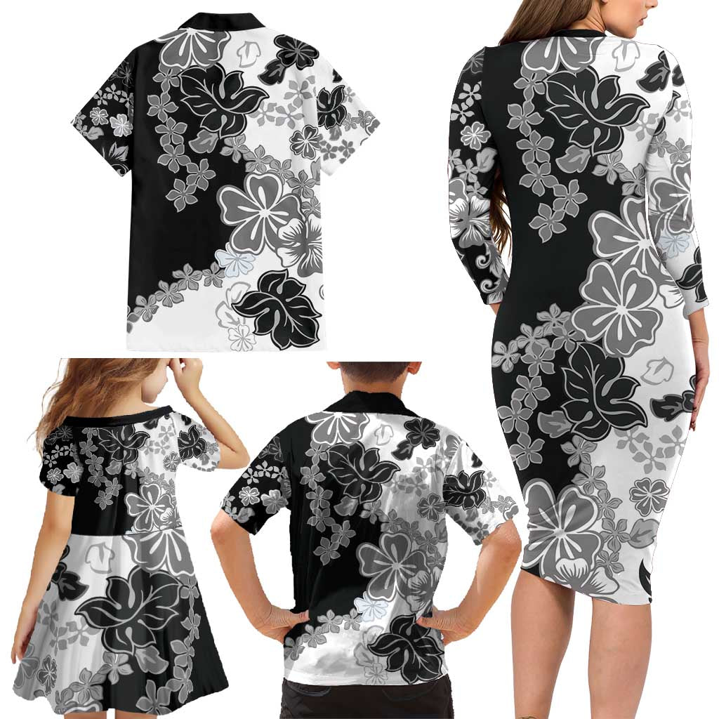 Gray Scale Hibiscus Plumeria Floral Family Matching Long Sleeve Bodycon Dress and Hawaiian Shirt LT01 - Polynesian Pride