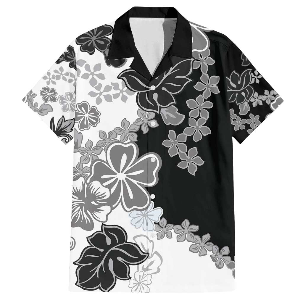 Gray Scale Hibiscus Plumeria Floral Family Matching Long Sleeve Bodycon Dress and Hawaiian Shirt LT01 Dad's Shirt - Short Sleeve Black - Polynesian Pride