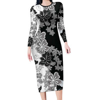 Gray Scale Hibiscus Plumeria Floral Family Matching Long Sleeve Bodycon Dress and Hawaiian Shirt LT01 Mom's Dress Black - Polynesian Pride