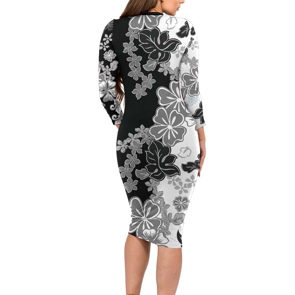 Gray Scale Hibiscus Plumeria Floral Family Matching Long Sleeve Bodycon Dress and Hawaiian Shirt LT01 - Polynesian Pride