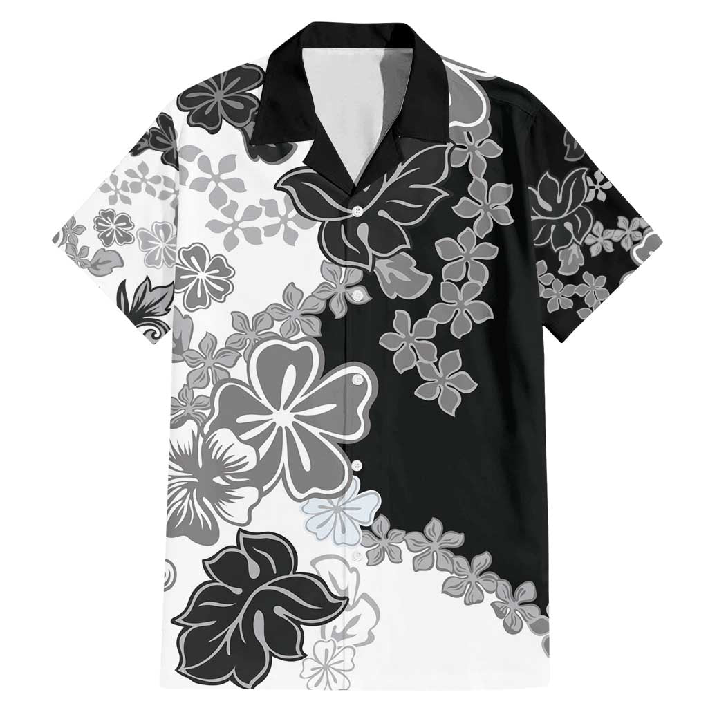 Gray Scale Hibiscus Plumeria Floral Family Matching Mermaid Dress and Hawaiian Shirt LT01 Dad's Shirt - Short Sleeve Black - Polynesian Pride