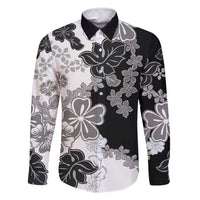 Gray Scale Hibiscus Plumeria Floral Family Matching Mermaid Dress and Hawaiian Shirt LT01 Dad's Shirt - Long Sleeve Black - Polynesian Pride