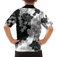 Gray Scale Hibiscus Plumeria Floral Family Matching Off The Shoulder Long Sleeve Dress and Hawaiian Shirt - Polynesian Pride