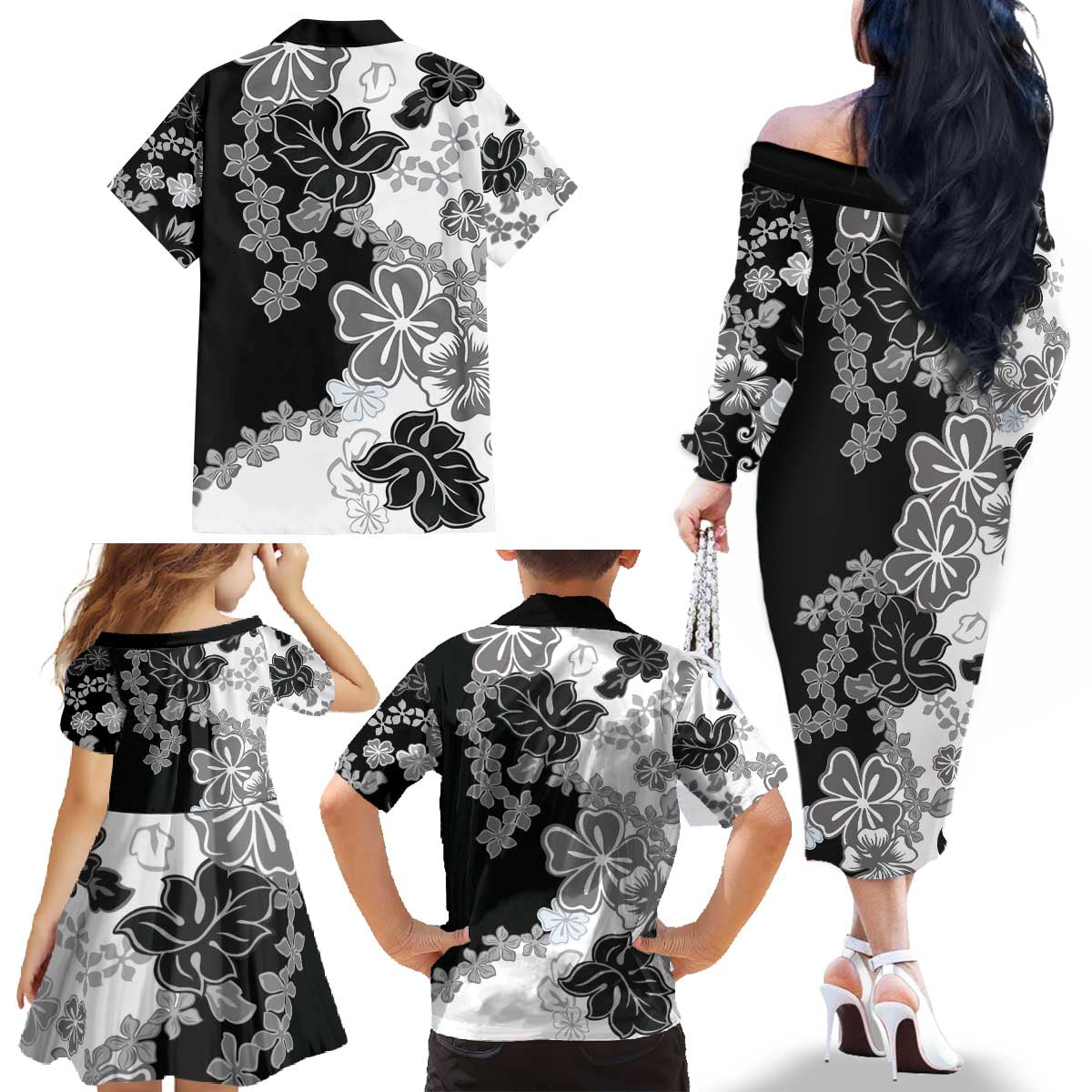 Gray Scale Hibiscus Plumeria Floral Family Matching Off The Shoulder Long Sleeve Dress and Hawaiian Shirt - Polynesian Pride