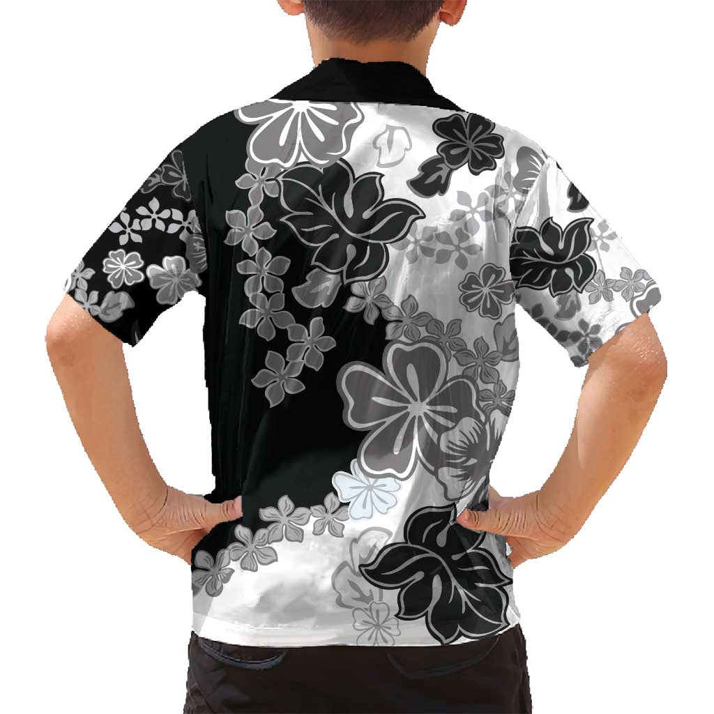 Gray Scale Hibiscus Plumeria Floral Family Matching Off Shoulder Maxi Dress and Hawaiian Shirt - Polynesian Pride