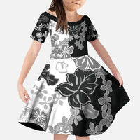 Gray Scale Hibiscus Plumeria Floral Family Matching Off Shoulder Maxi Dress and Hawaiian Shirt - Polynesian Pride