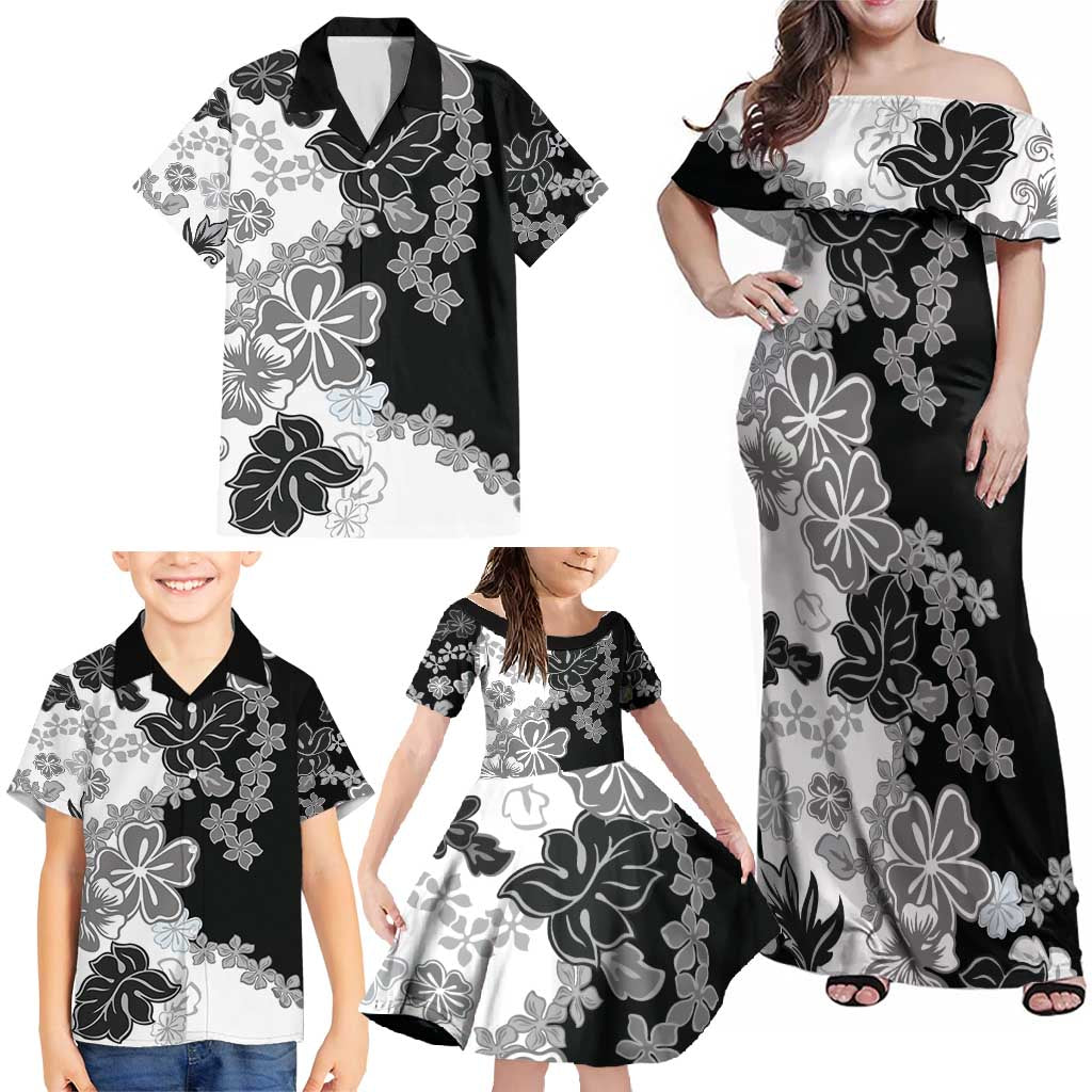 Gray Scale Hibiscus Plumeria Floral Family Matching Off Shoulder Maxi Dress and Hawaiian Shirt - Polynesian Pride