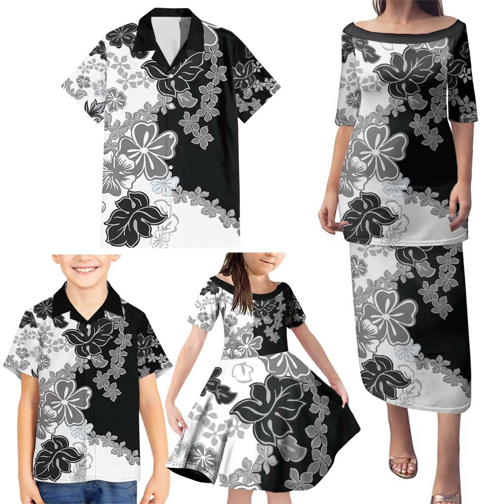 Gray Scale Hibiscus Plumeria Floral Family Matching Puletasi and Hawaiian Shirt LT01 - Polynesian Pride