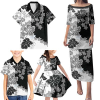 Gray Scale Hibiscus Plumeria Floral Family Matching Puletasi and Hawaiian Shirt LT01 - Polynesian Pride
