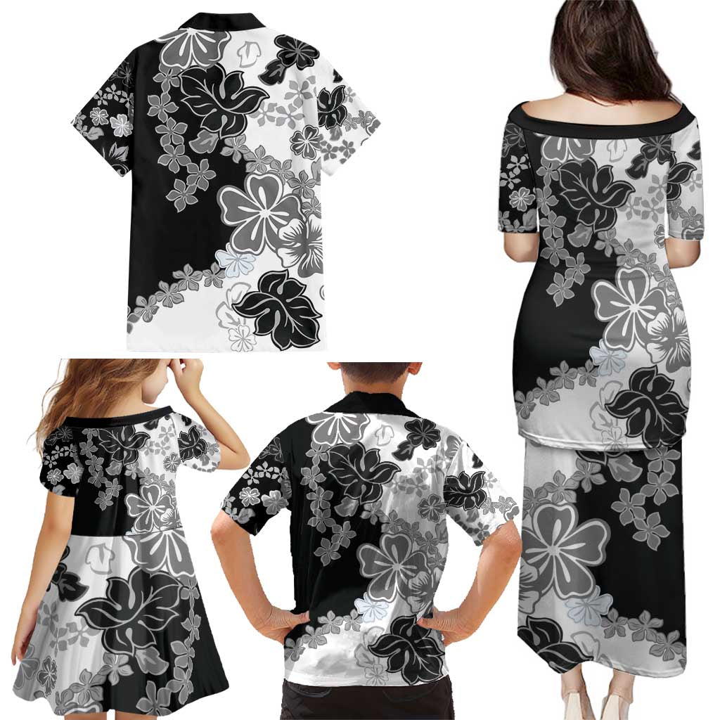 Gray Scale Hibiscus Plumeria Floral Family Matching Puletasi and Hawaiian Shirt LT01 - Polynesian Pride