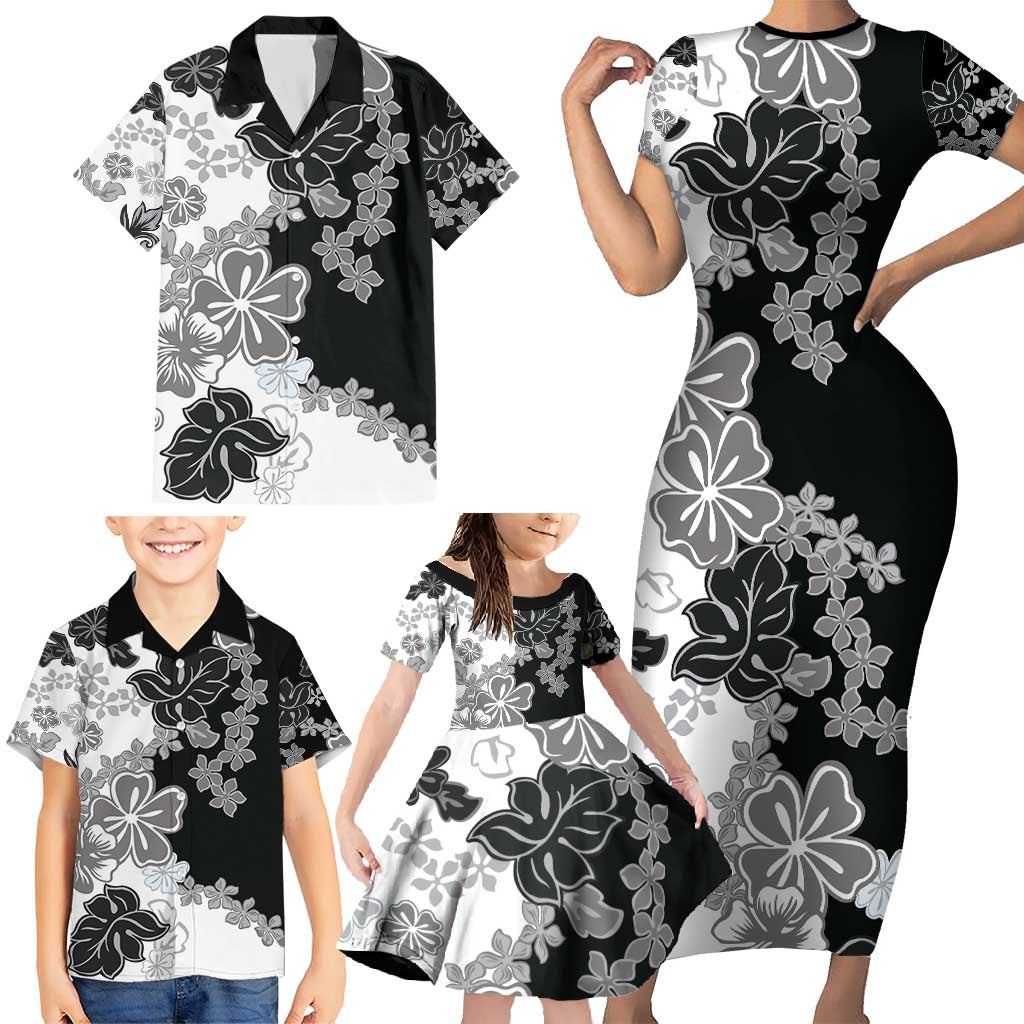 Gray Scale Hibiscus Plumeria Floral Family Matching Short Sleeve Bodycon Dress and Hawaiian Shirt LT01 - Polynesian Pride
