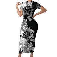 Gray Scale Hibiscus Plumeria Floral Family Matching Short Sleeve Bodycon Dress and Hawaiian Shirt LT01 Mom's Dress Black - Polynesian Pride