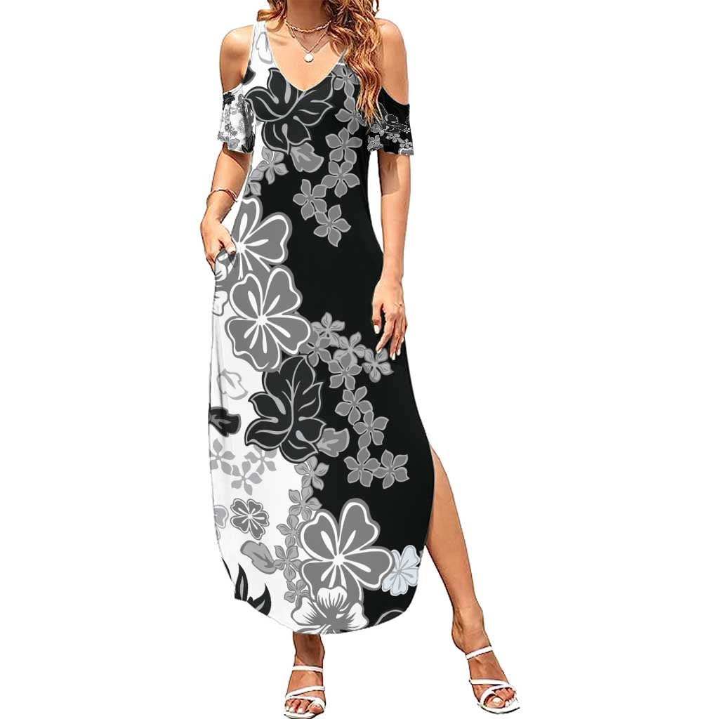 Gray Scale Hibiscus Plumeria Floral Family Matching Summer Maxi Dress and Hawaiian Shirt - Polynesian Pride