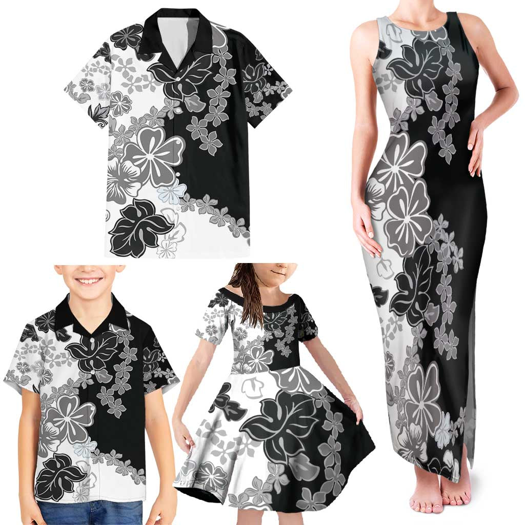 Gray Scale Hibiscus Plumeria Floral Family Matching Tank Maxi Dress and Hawaiian Shirt LT01 - Polynesian Pride