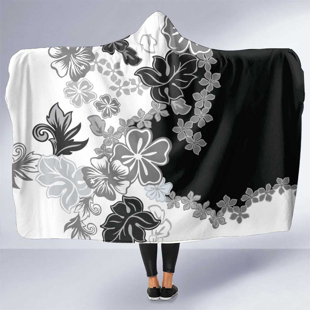 Gray Scale Hibiscus Plumeria Floral Hooded Blanket - Polynesian Pride