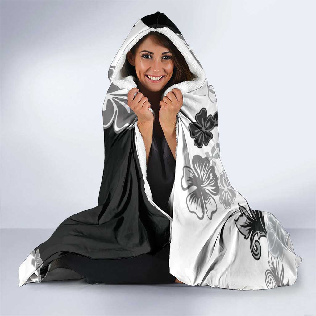 Gray Scale Hibiscus Plumeria Floral Hooded Blanket - Polynesian Pride