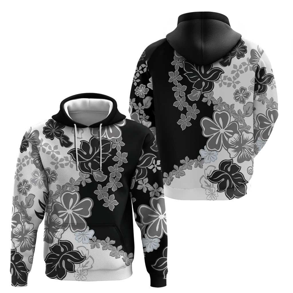 Gray Scale Hibiscus Plumeria Floral Hoodie - Polynesian Pride