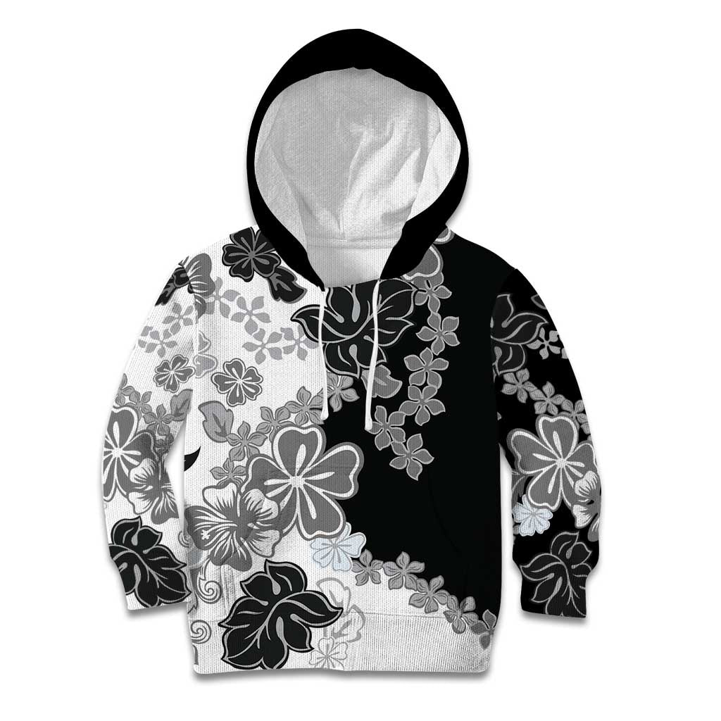 Gray Scale Hibiscus Plumeria Floral Kid Hoodie - Polynesian Pride