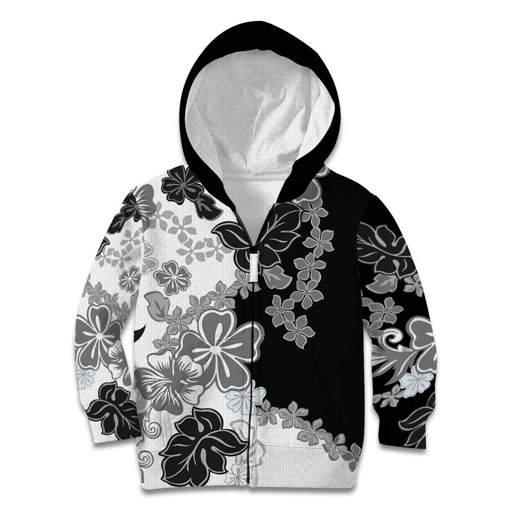 Gray Scale Hibiscus Plumeria Floral Kid Hoodie - Polynesian Pride