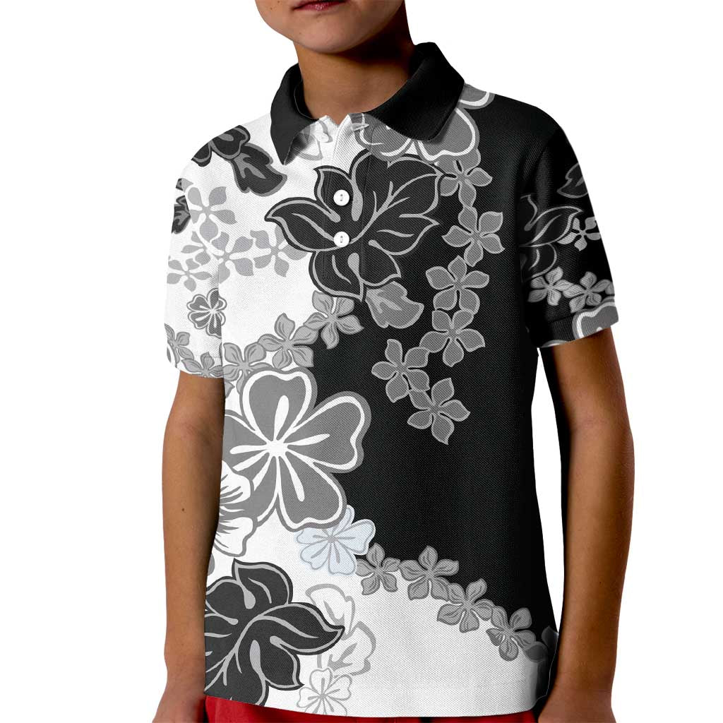 Gray Scale Hibiscus Plumeria Floral Kid Polo Shirt - Polynesian Pride