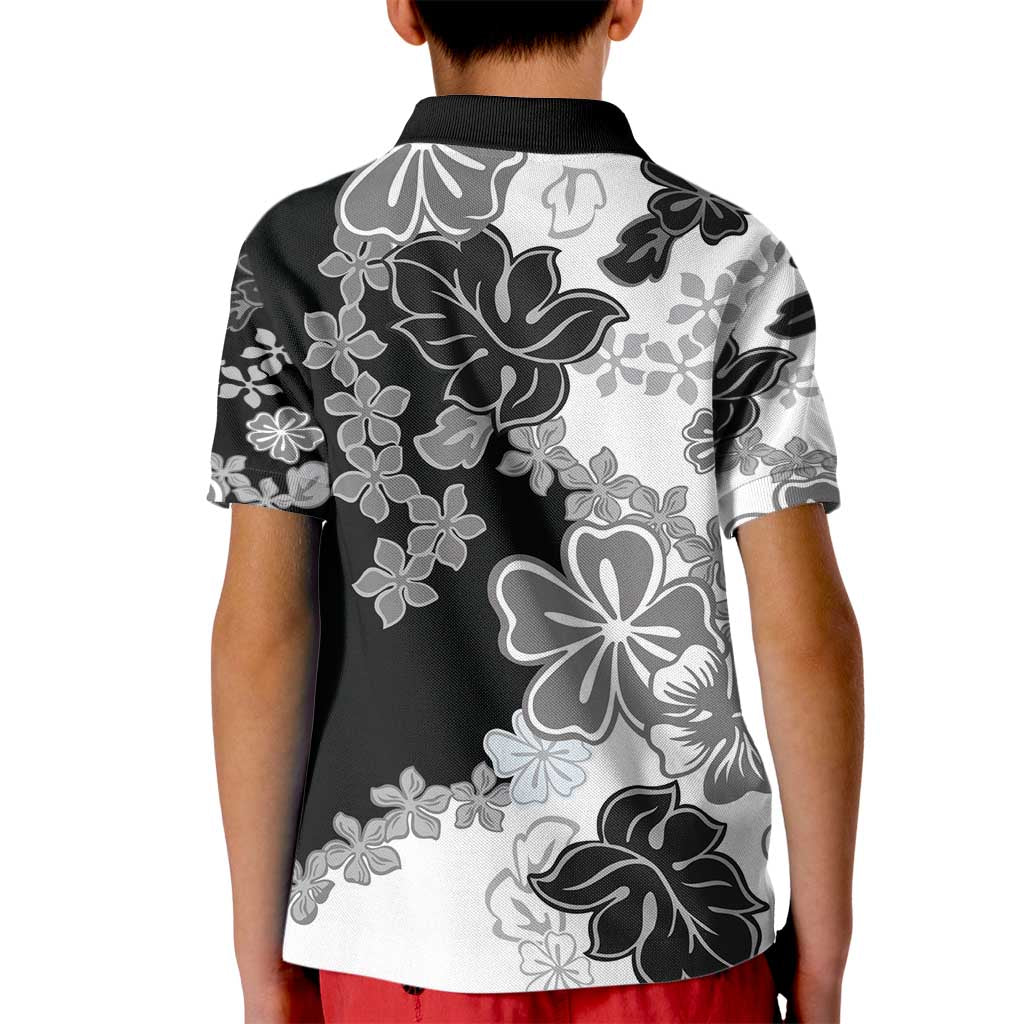 Gray Scale Hibiscus Plumeria Floral Kid Polo Shirt - Polynesian Pride