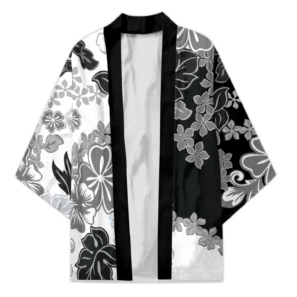 Gray Scale Hibiscus Plumeria Floral Kimono LT01 Unisex Black - Polynesian Pride
