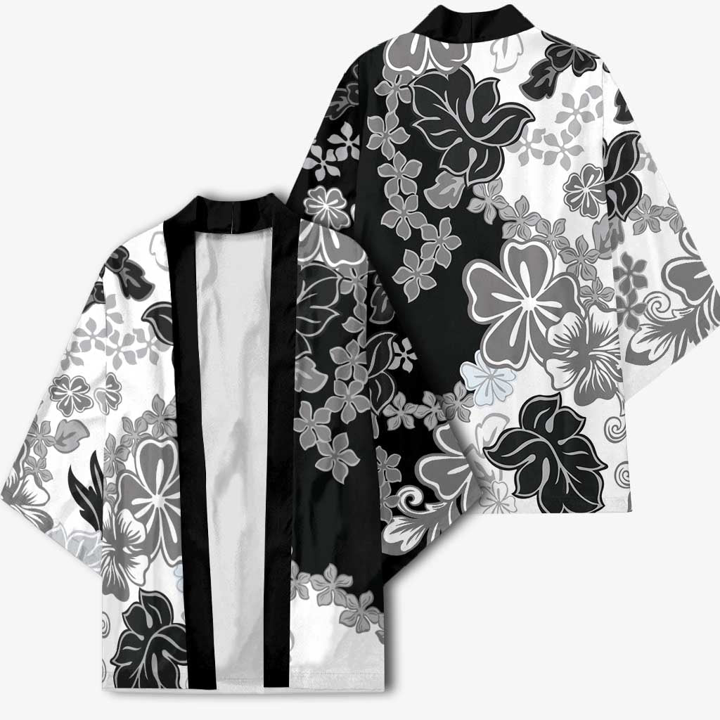 Gray Scale Hibiscus Plumeria Floral Kimono LT01 - Polynesian Pride