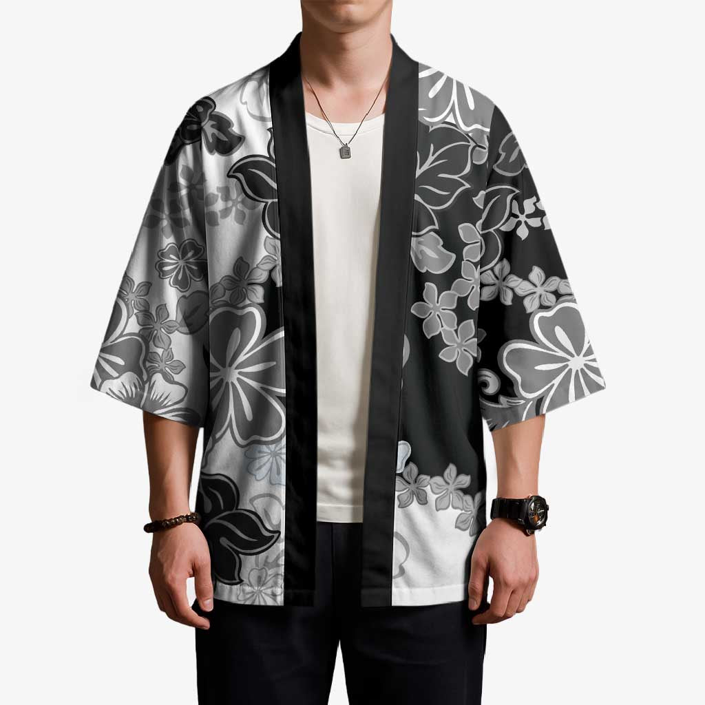 Gray Scale Hibiscus Plumeria Floral Kimono LT01 - Polynesian Pride