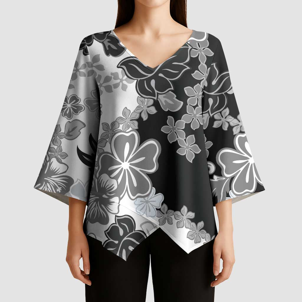 Gray Scale Hibiscus Plumeria Floral Kimono Sleeve Blouse - Polynesian Pride