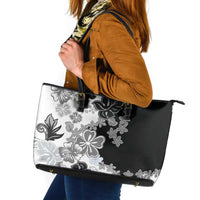 Gray Scale Hibiscus Plumeria Floral Leather Tote Bag - Polynesian Pride