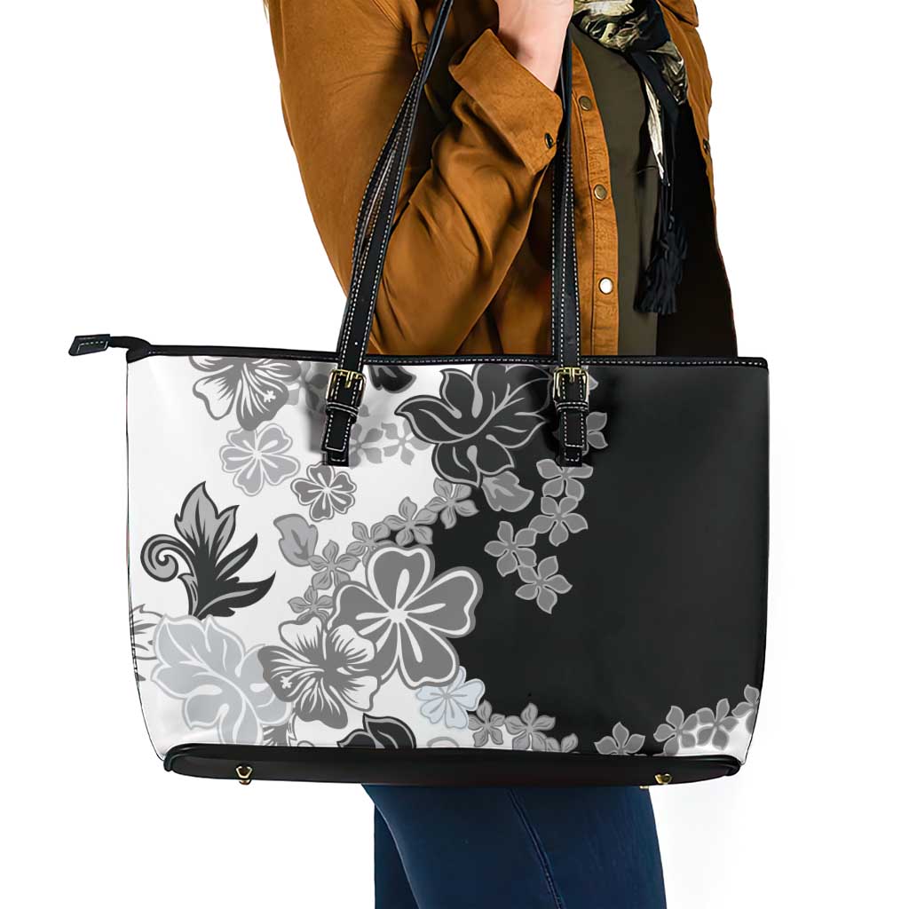 Gray Scale Hibiscus Plumeria Floral Leather Tote Bag - Polynesian Pride