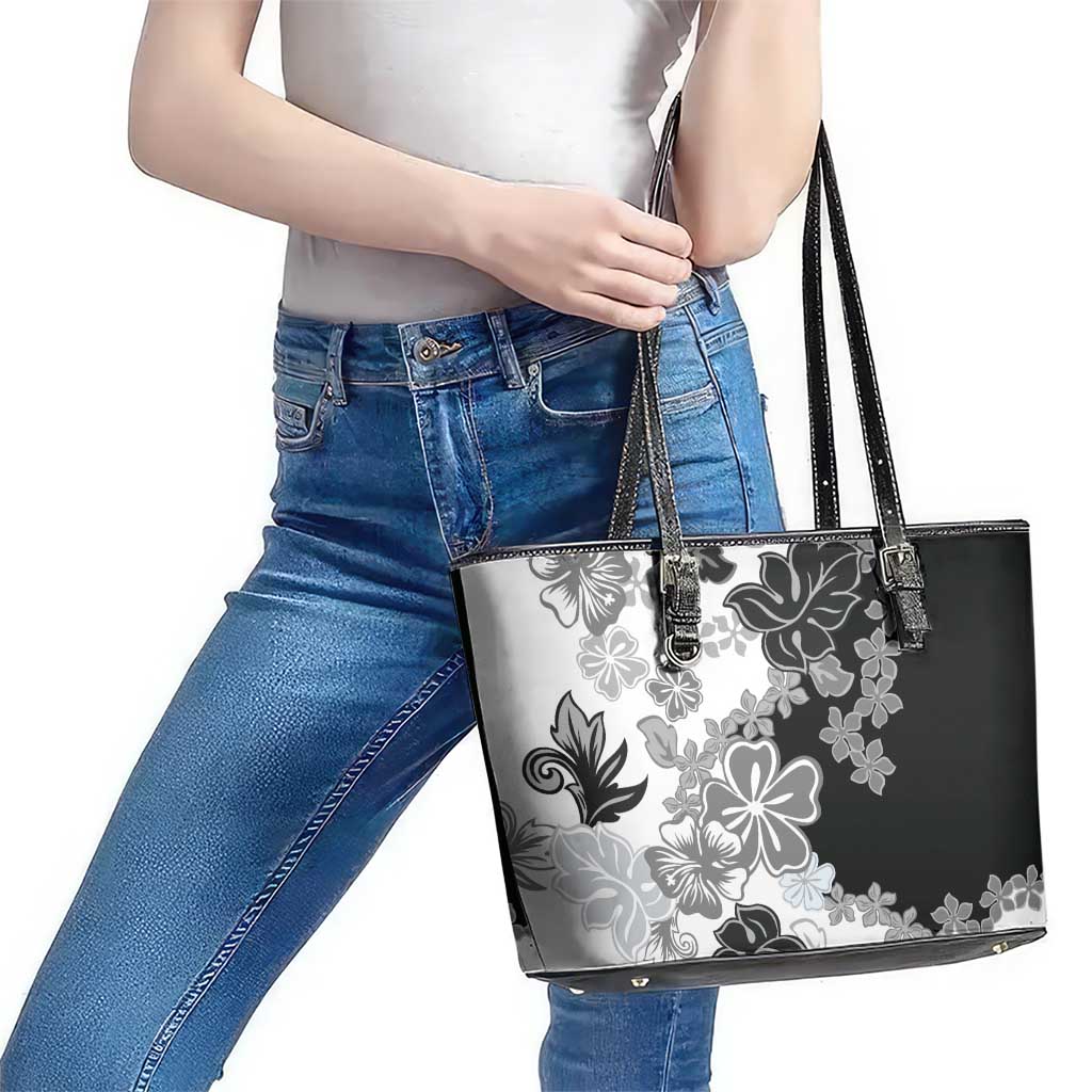 Gray Scale Hibiscus Plumeria Floral Leather Tote Bag - Polynesian Pride