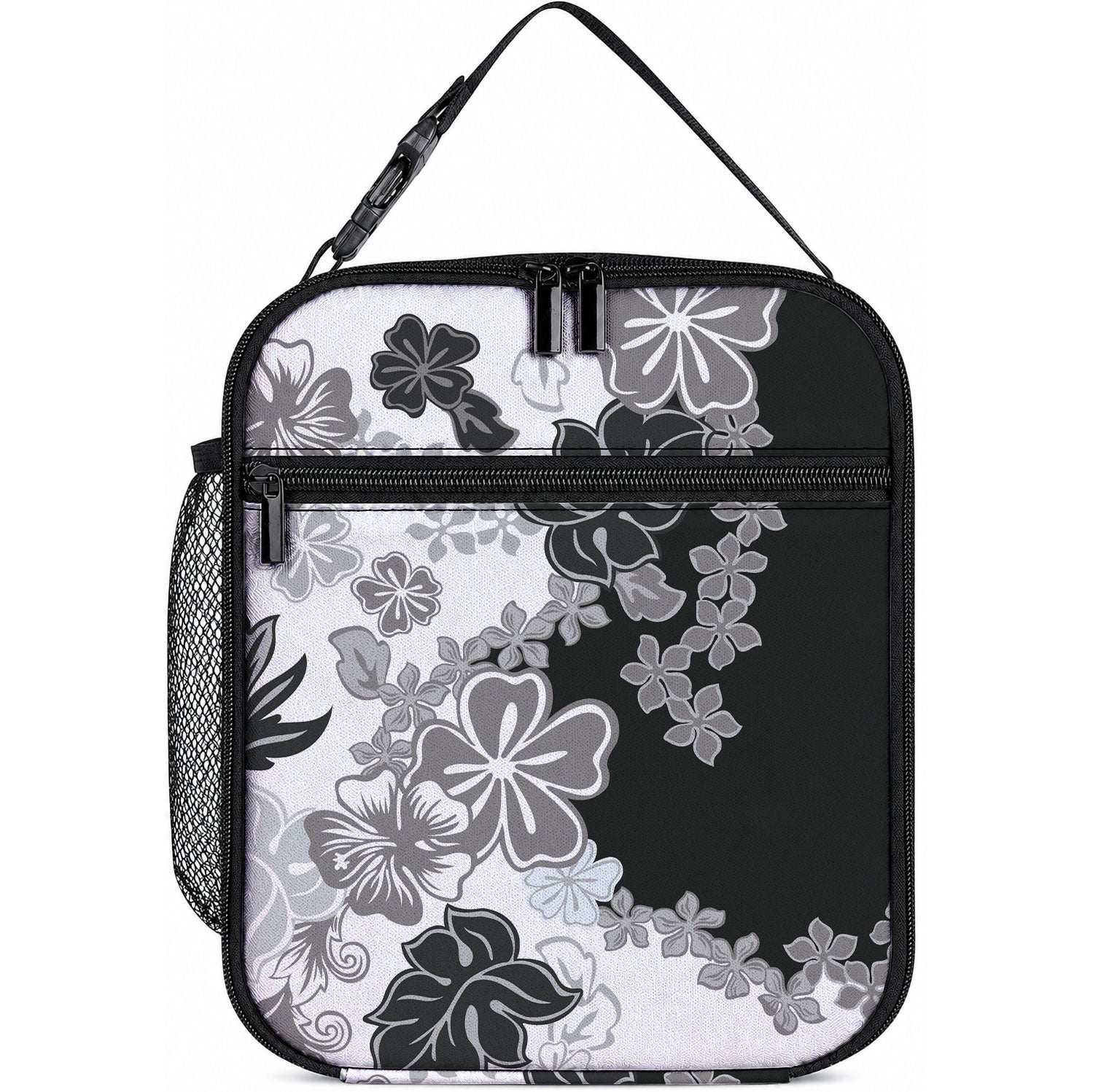 Gray Scale Hibiscus Plumeria Floral Lunch Bag