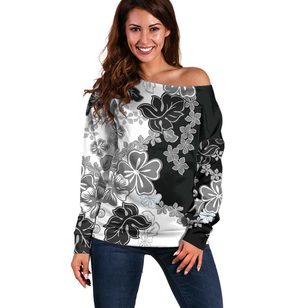Gray Scale Hibiscus Plumeria Floral Off Shoulder Sweater - Polynesian Pride