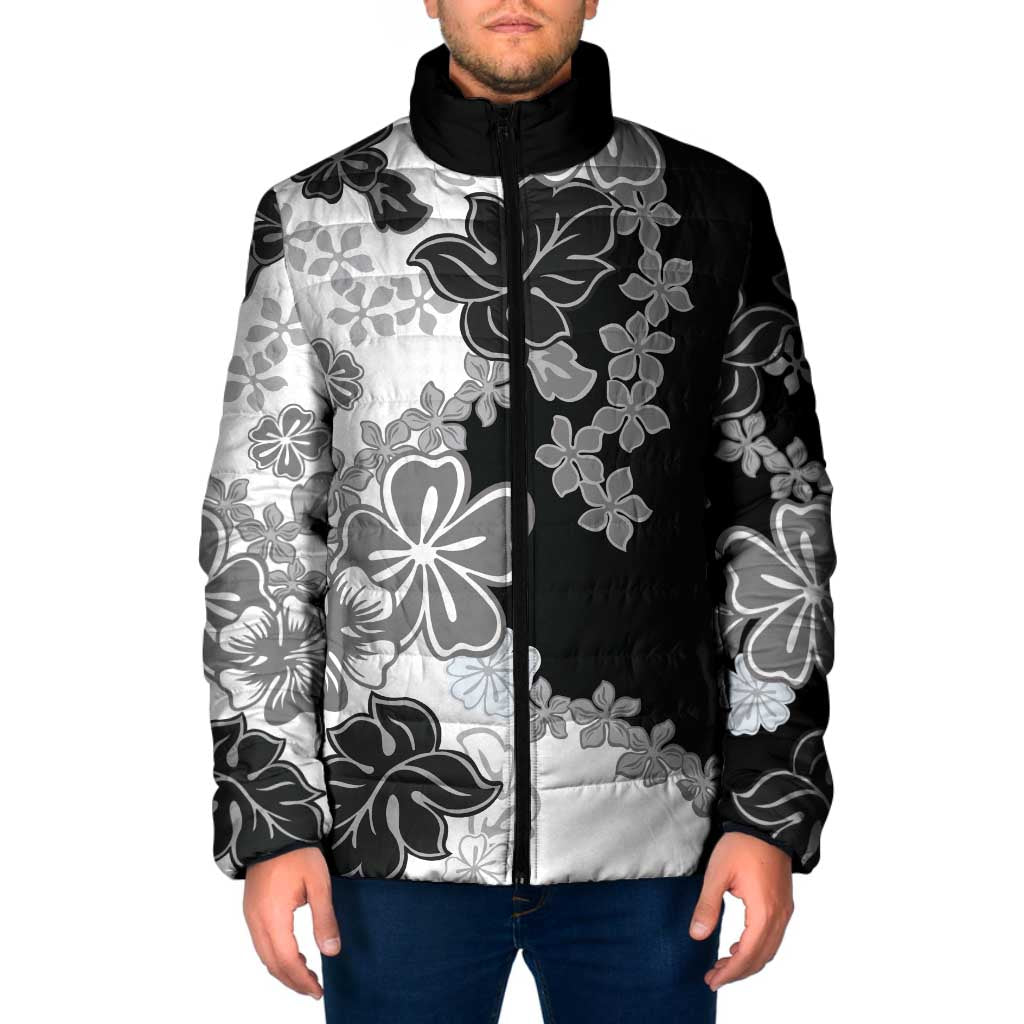 Gray Scale Hibiscus Plumeria Floral Padded Jacket LT01 Black - Polynesian Pride