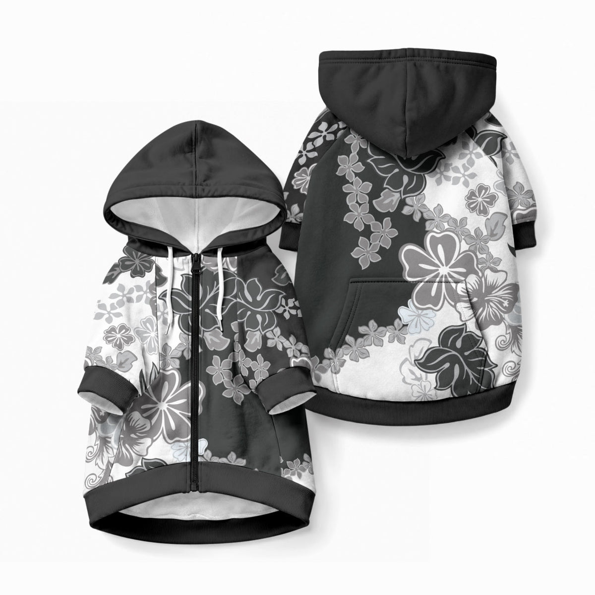 Gray Scale Hibiscus Plumeria Floral Pet Hoodie