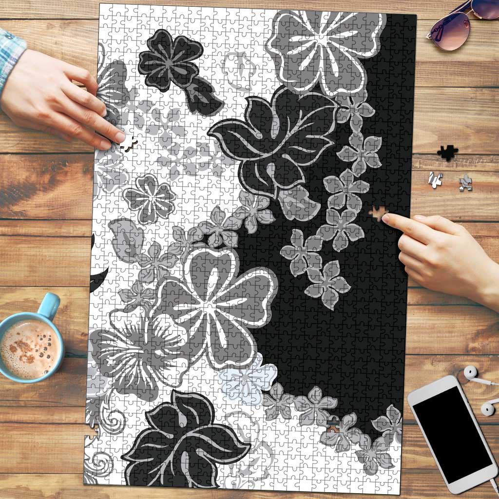 Gray Scale Hibiscus Plumeria Floral Puzzle LT01 Black - Polynesian Pride