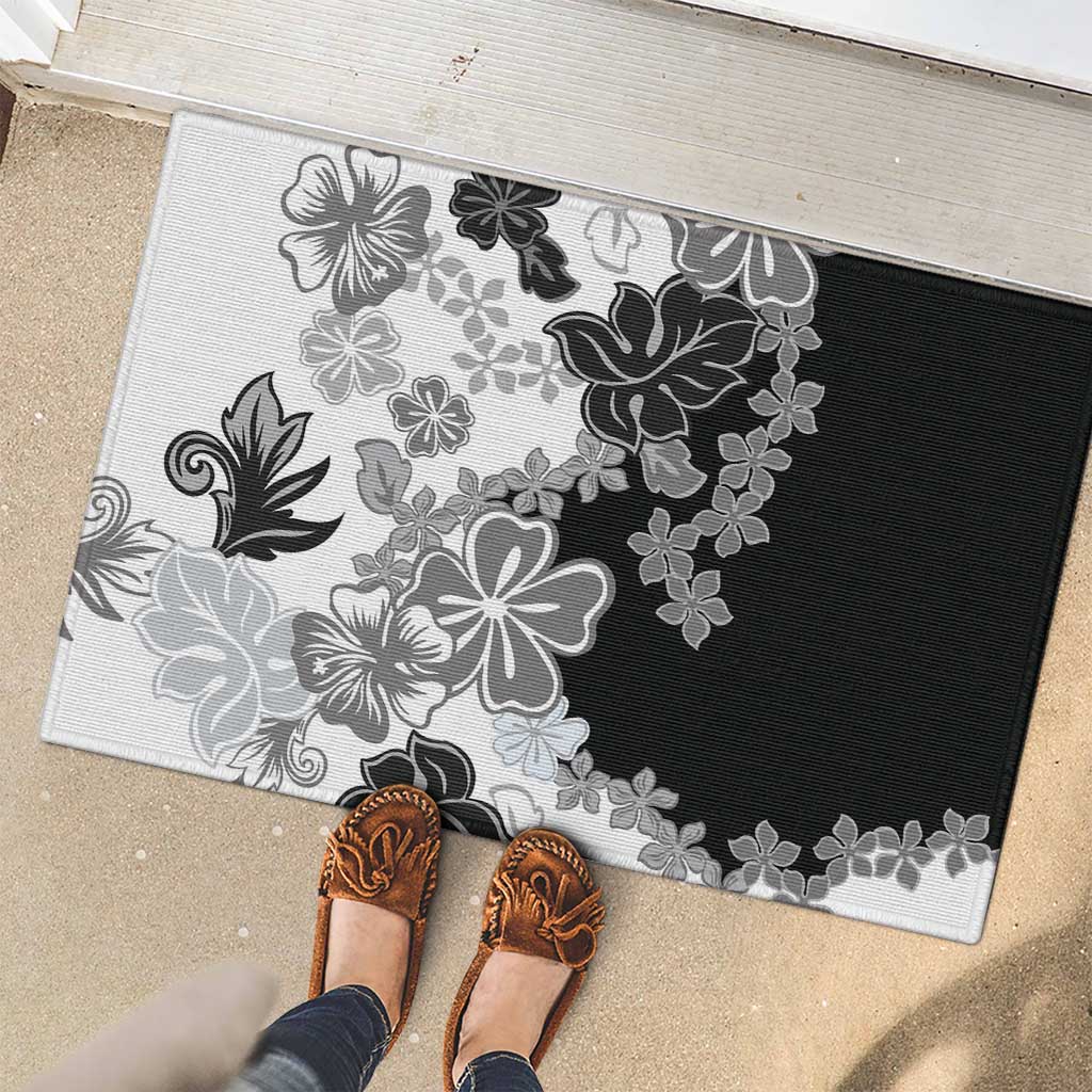 Gray Scale Hibiscus Plumeria Floral Rubber Doormat LT01 - Polynesian Pride