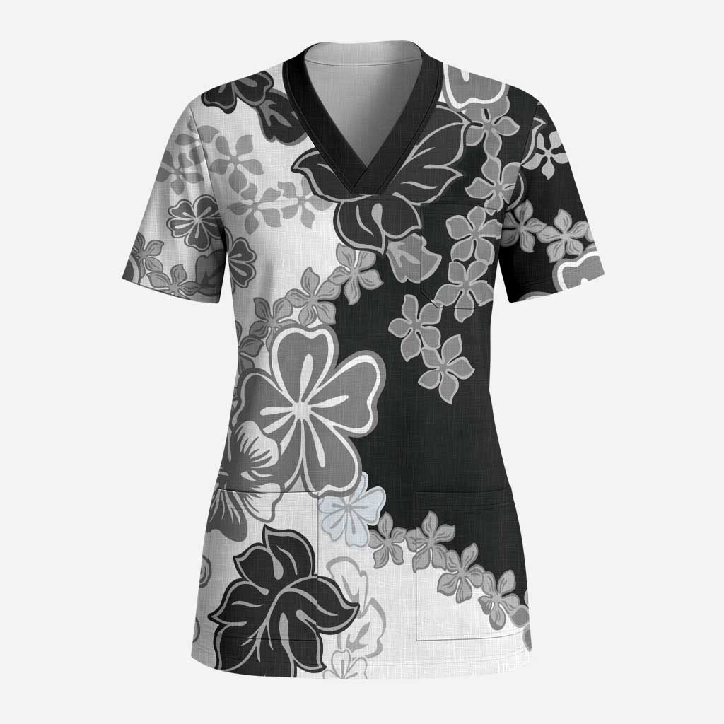 Gray Scale Hibiscus Plumeria Floral Scrub Top - Polynesian Pride