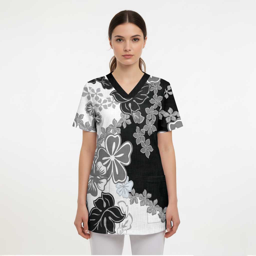 Gray Scale Hibiscus Plumeria Floral Scrub Top - Polynesian Pride