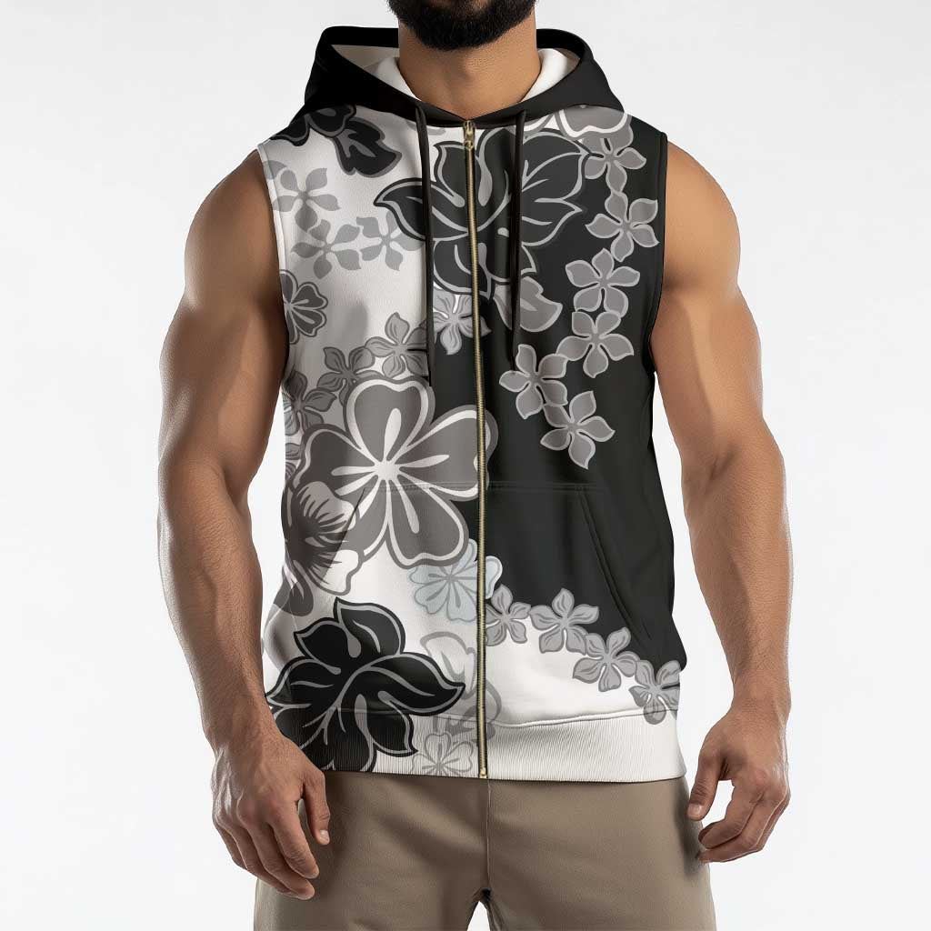 Gray Scale Hibiscus Plumeria Floral Sleeveless Zip Hoodie - Polynesian Pride