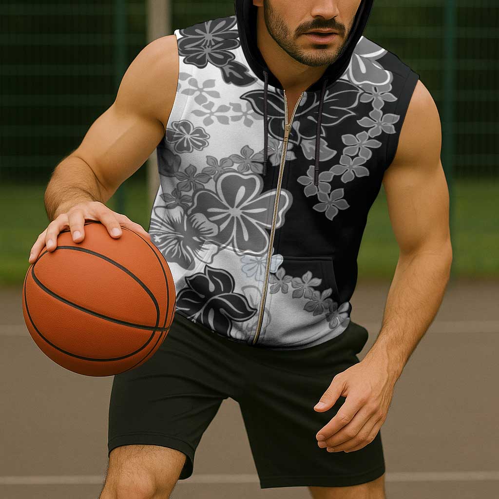 Gray Scale Hibiscus Plumeria Floral Sleeveless Zip Hoodie - Polynesian Pride