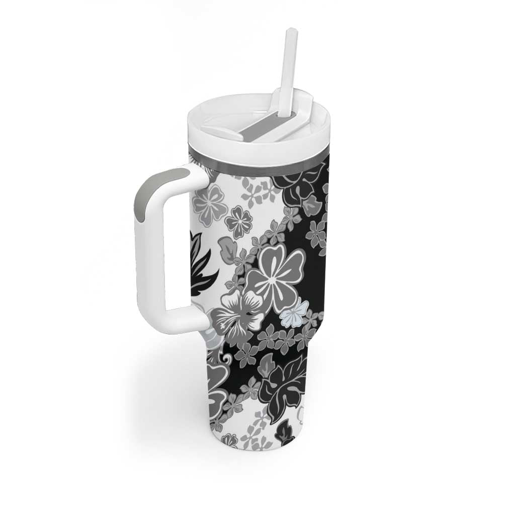 Gray Scale Hibiscus Plumeria Floral Tumbler With Handle LT01 - Polynesian Pride