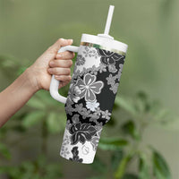 Gray Scale Hibiscus Plumeria Floral Tumbler With Handle LT01 - Polynesian Pride
