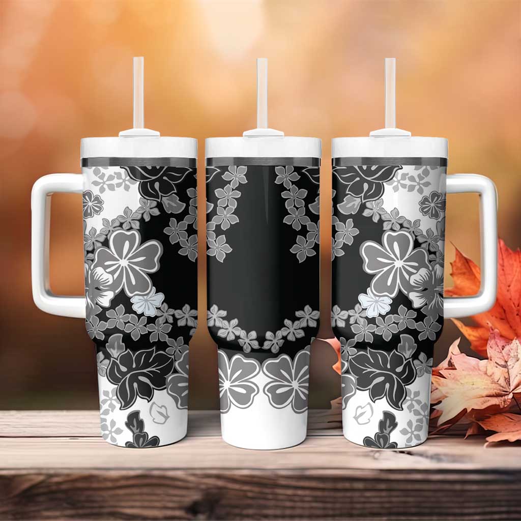 Gray Scale Hibiscus Plumeria Floral Tumbler With Handle LT01 - Polynesian Pride