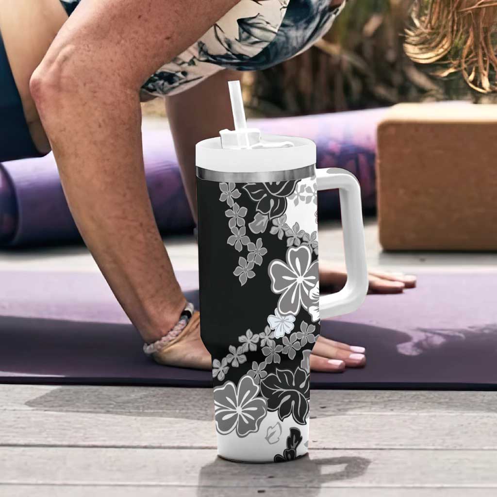 Gray Scale Hibiscus Plumeria Floral Tumbler With Handle LT01 - Polynesian Pride