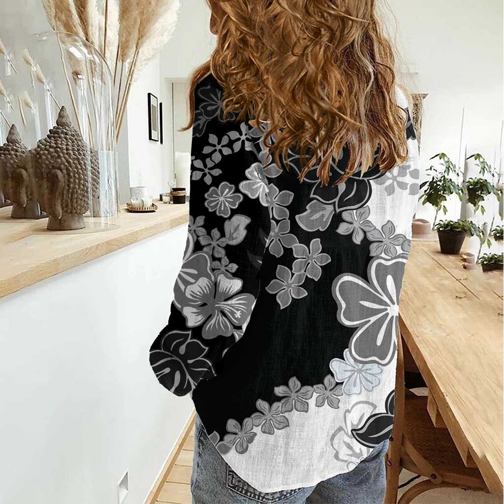 Gray Scale Hibiscus Plumeria Floral Women Casual Shirt - Polynesian Pride