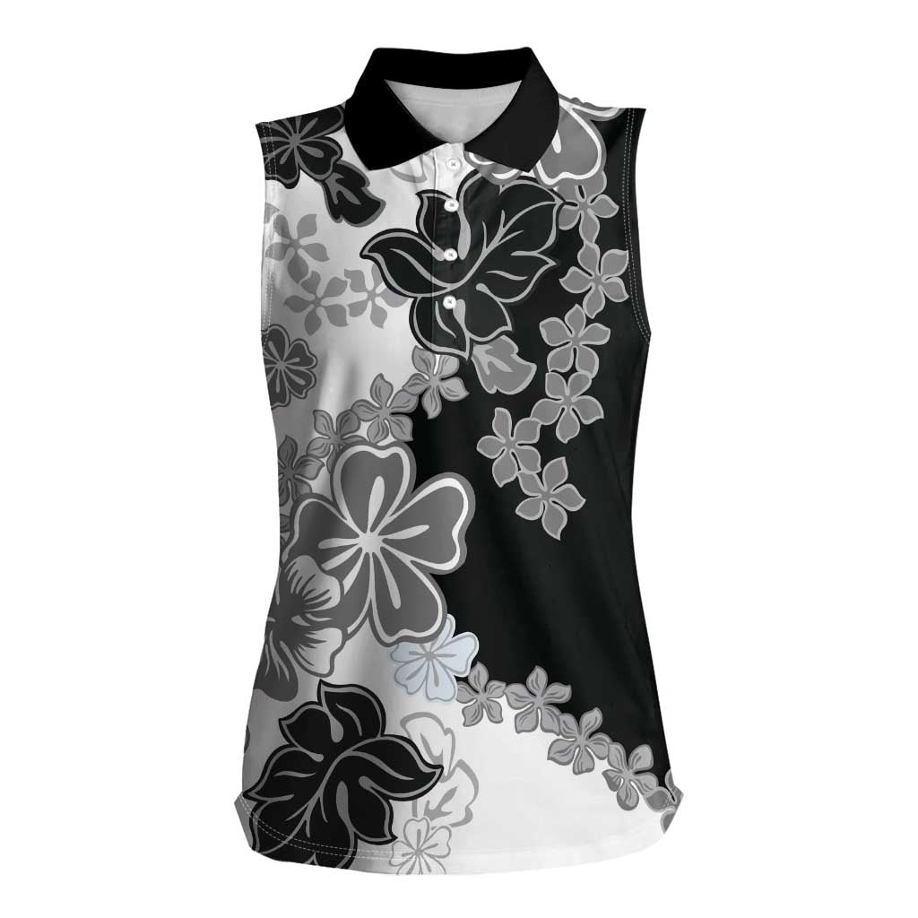 Gray Scale Hibiscus Plumeria Floral Women Sleeveless Polo Shirt LT01 Female Black - Polynesian Pride